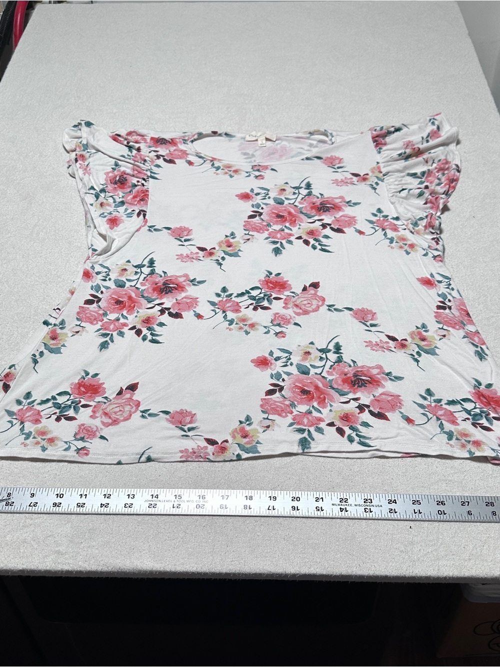 Floral Ruffle Sleeve Short-Sleeve Tee - White with Pink Roses